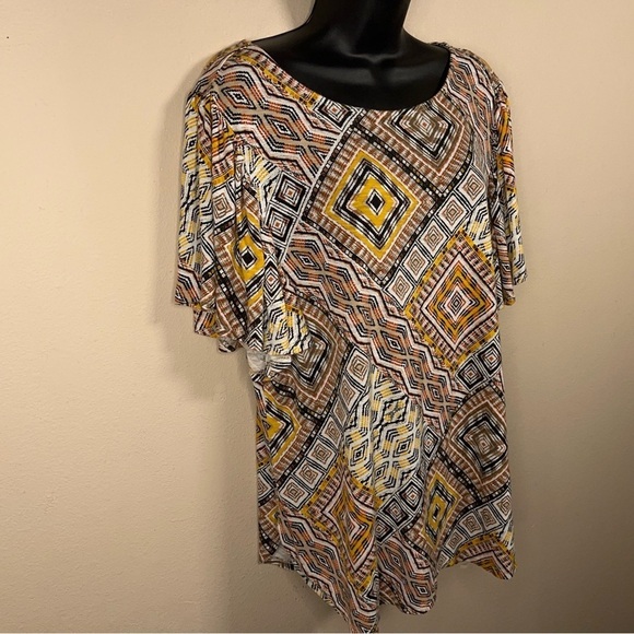MEDIUM RUBY RD TRIBAL GEOMETRIC TOP SHORT SLEEVE ORANGE GOLDEN YELLOW BOHO - Picture 4 of 11